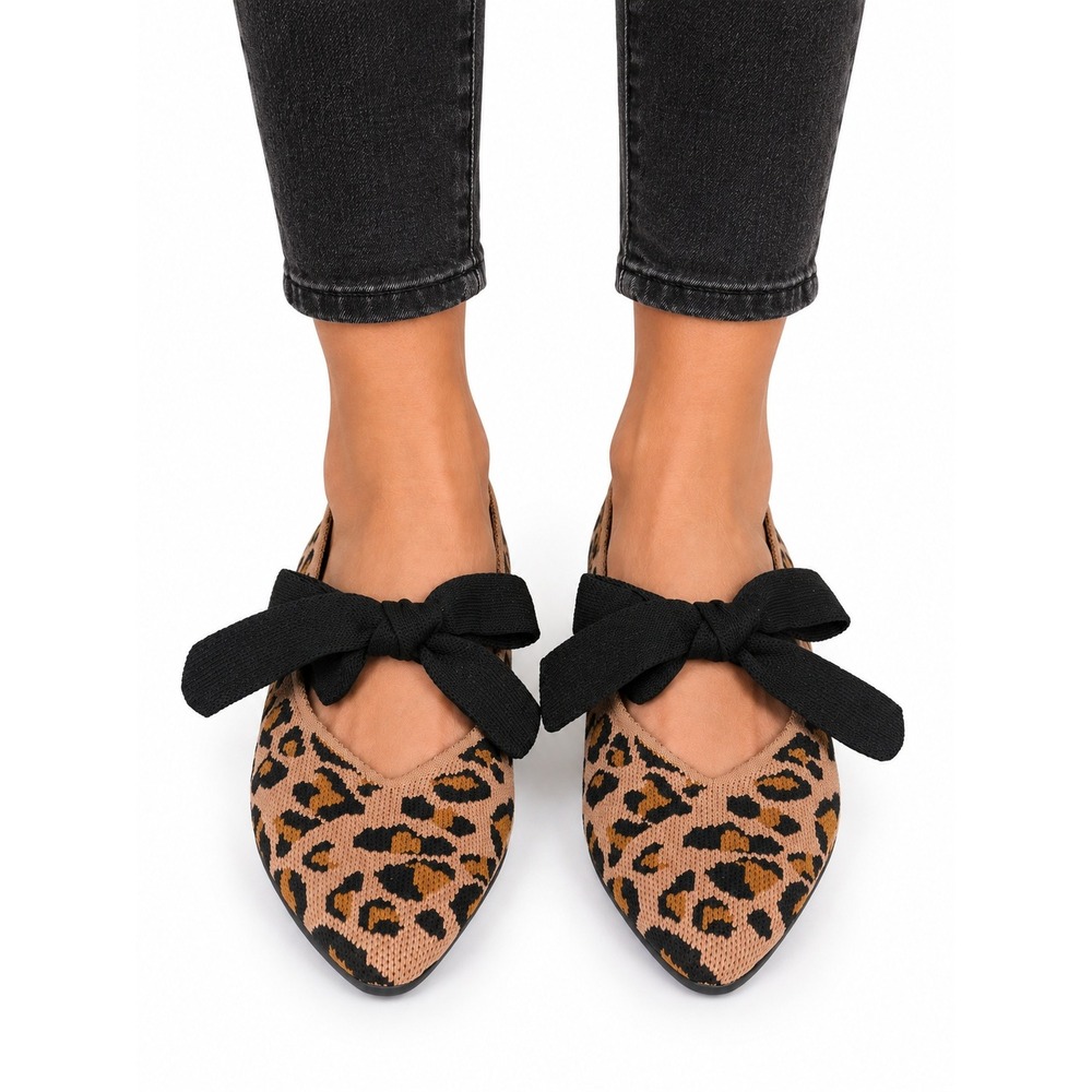 Leopard Knit Bow Mary Jane Ballet Flats EU 39